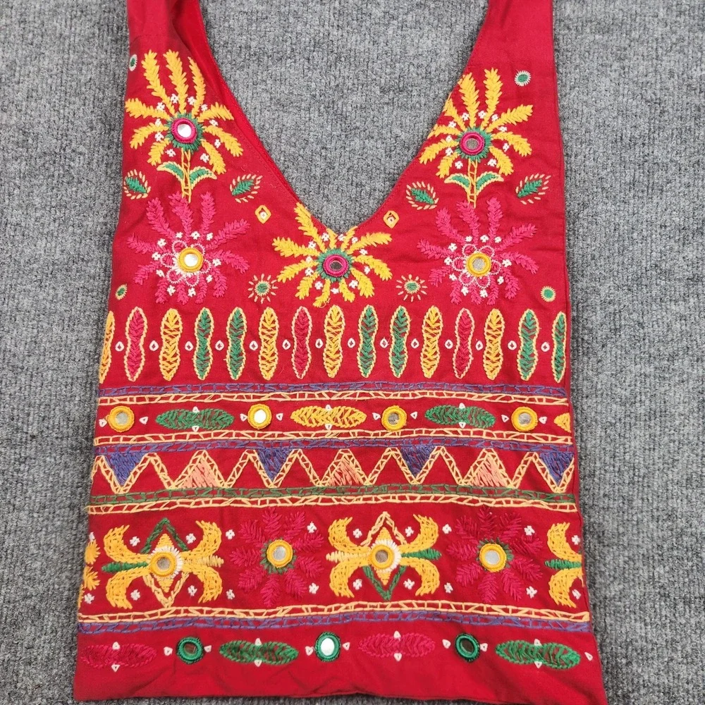 Red Cotton Embroidered Mirror Work Boho Hobo Shoulder Bag RN 17730 F423
